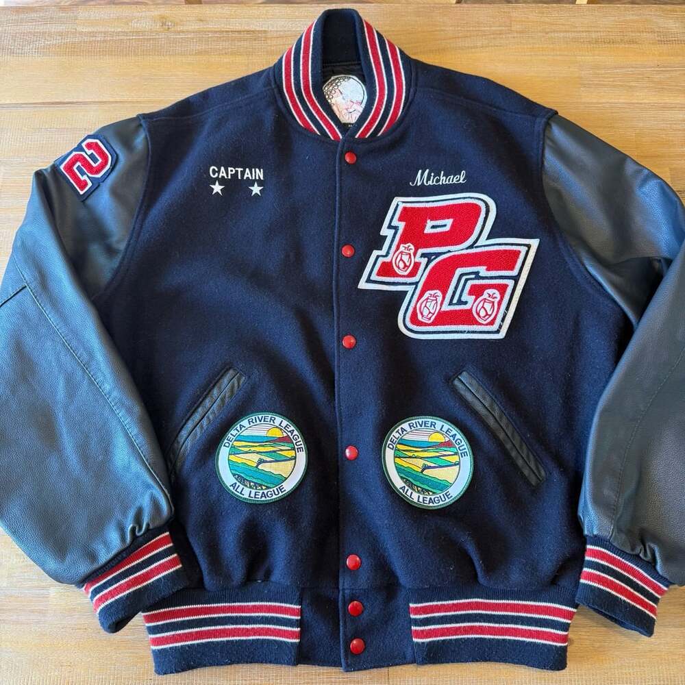 Custom Wool And Leather Varsity Jacket Size XL Navy